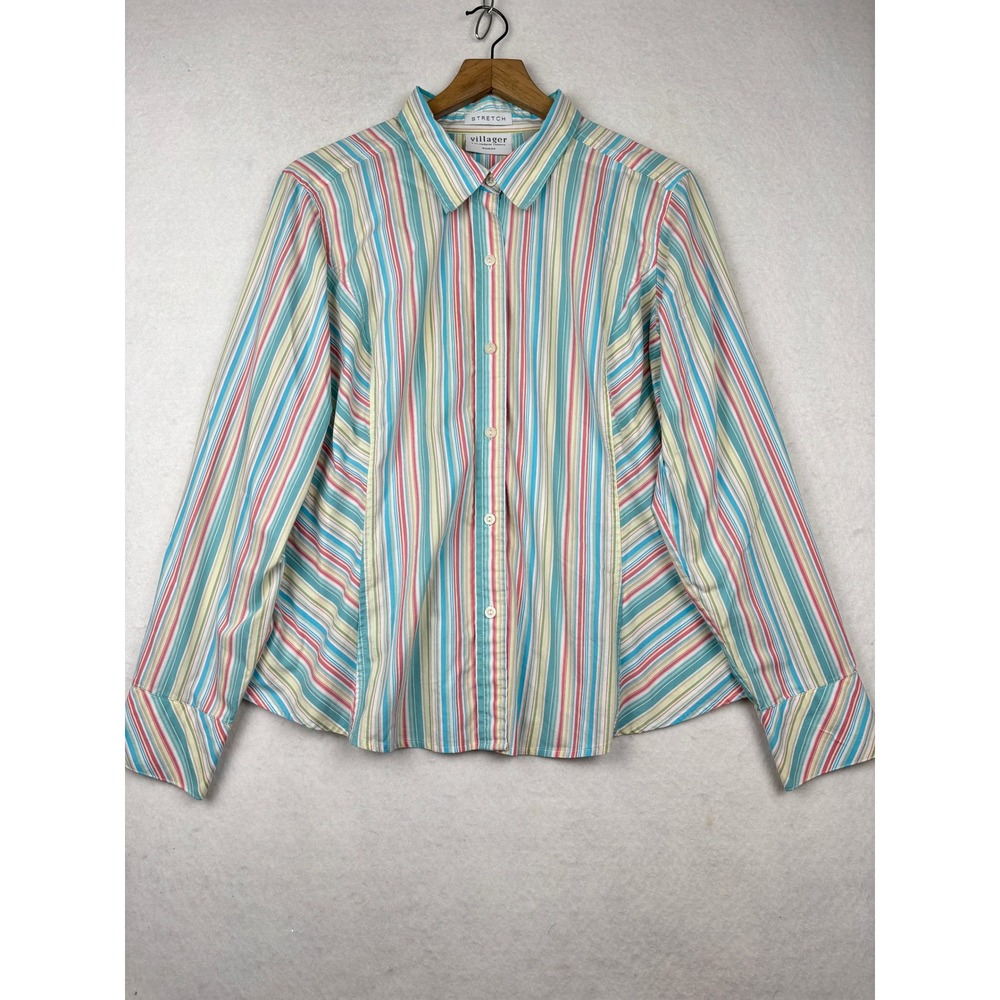 Villager Button Down Shirt Womens 16W Regular Fit Striped Stretch